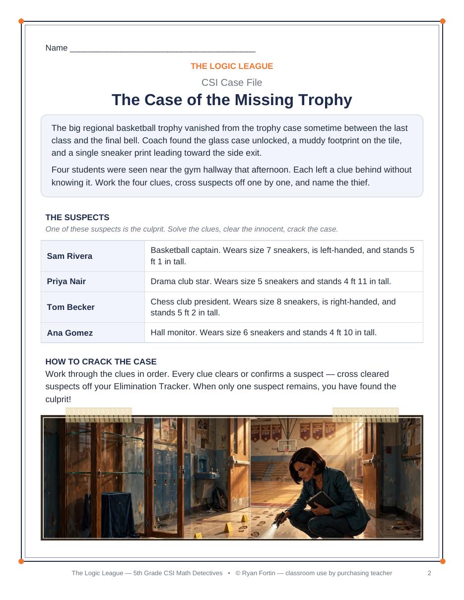 Sample kit page: a CSI case file with suspect profiles and cinematic art